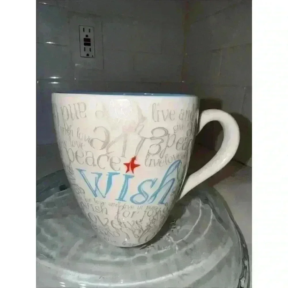 Starbucks Mug Wish Live Love Peace 2005 White Gray Grey Writing Blue Inside